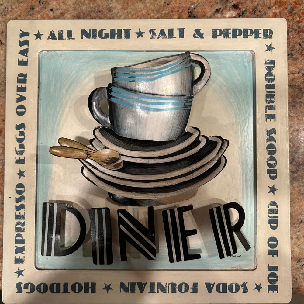 Vintage Tin Tole Retro All Night Diner Wall Art 3D Diner Dishes Cups Design.